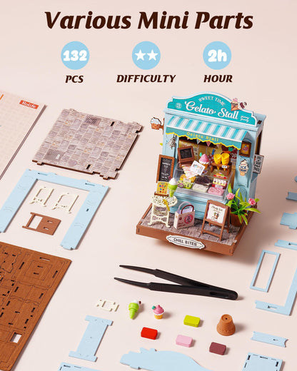 Rolife DIY Miniature Kit Mini Building Dollhouse Gelato Stall, Miniverse Lifestyle Mini Bookshelf Decoration, DIY Hobbies for Craftsman (Gelato Stall)