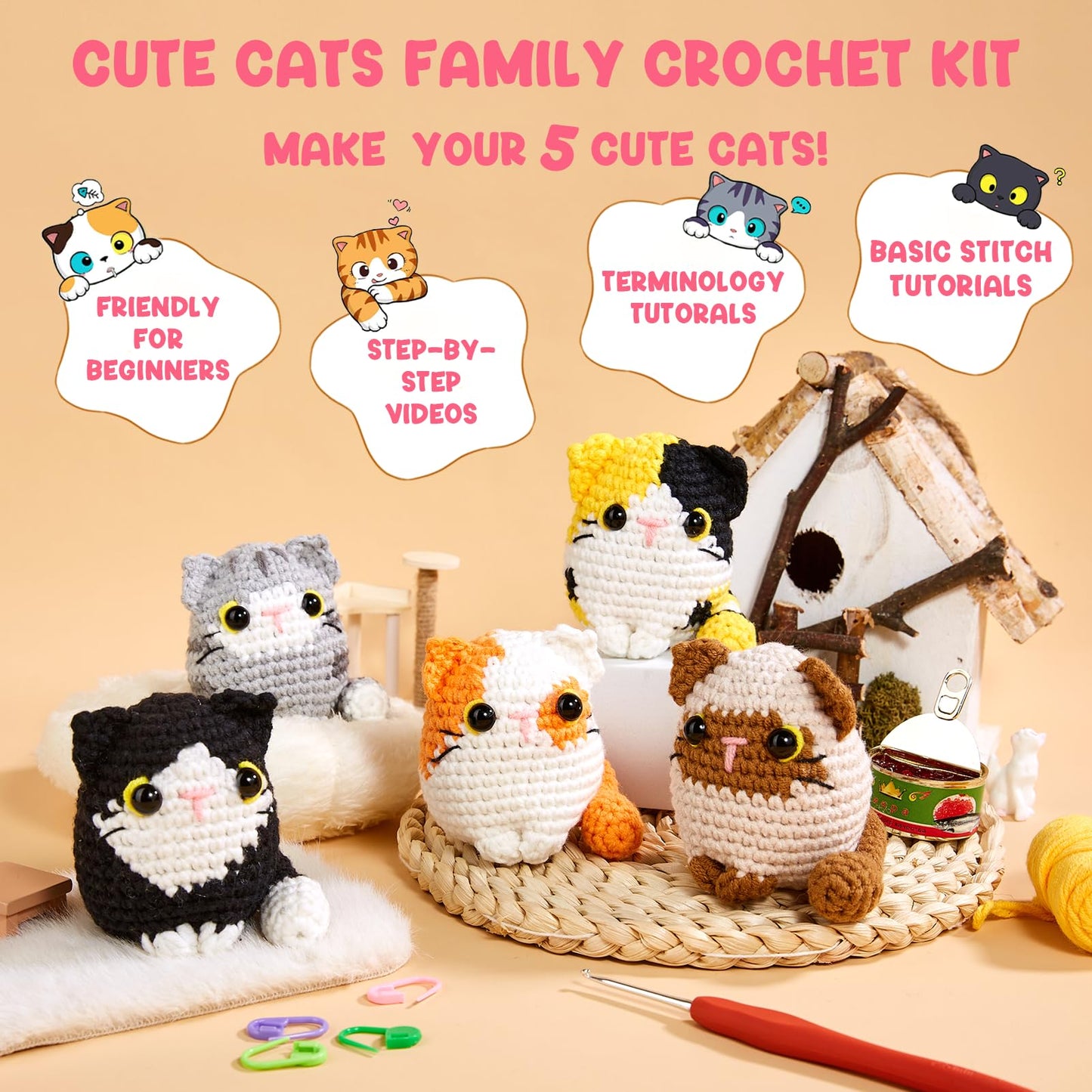 MAGIMUSE Crochet Kit for Beginners, Beginner Crochet Kit with Step-by-Step Video Tutorials, DIY Crochet Animal Kits Amigurumi Craft Knitting Supplies, 5 Pack Cats (40%+ Yarn)