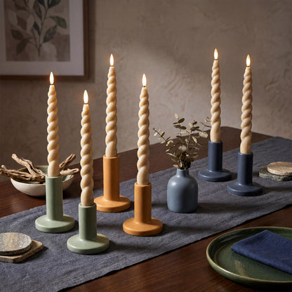 WYZworks 10" Flameless LED Taper Candles – Full Twisted Spiral – Light Tan, Set of 6 – Remote, 2/4/6/8-Hr Timer (24-hr Memory), Bottom On/Off Button, Dimmable, Battery Operated, Flicker/Steady