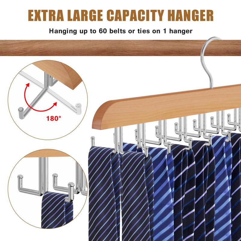 Cycleacc Tie Rack Hanger for Closet, 2 in 1 Belt Tie Hangers with 20 Folding Hooks, 360 Degree Rotating Wooden Tie Holder Organizer for Men Ties Belts Scarves Tank Tops Accessories, Wood (1 Pack)