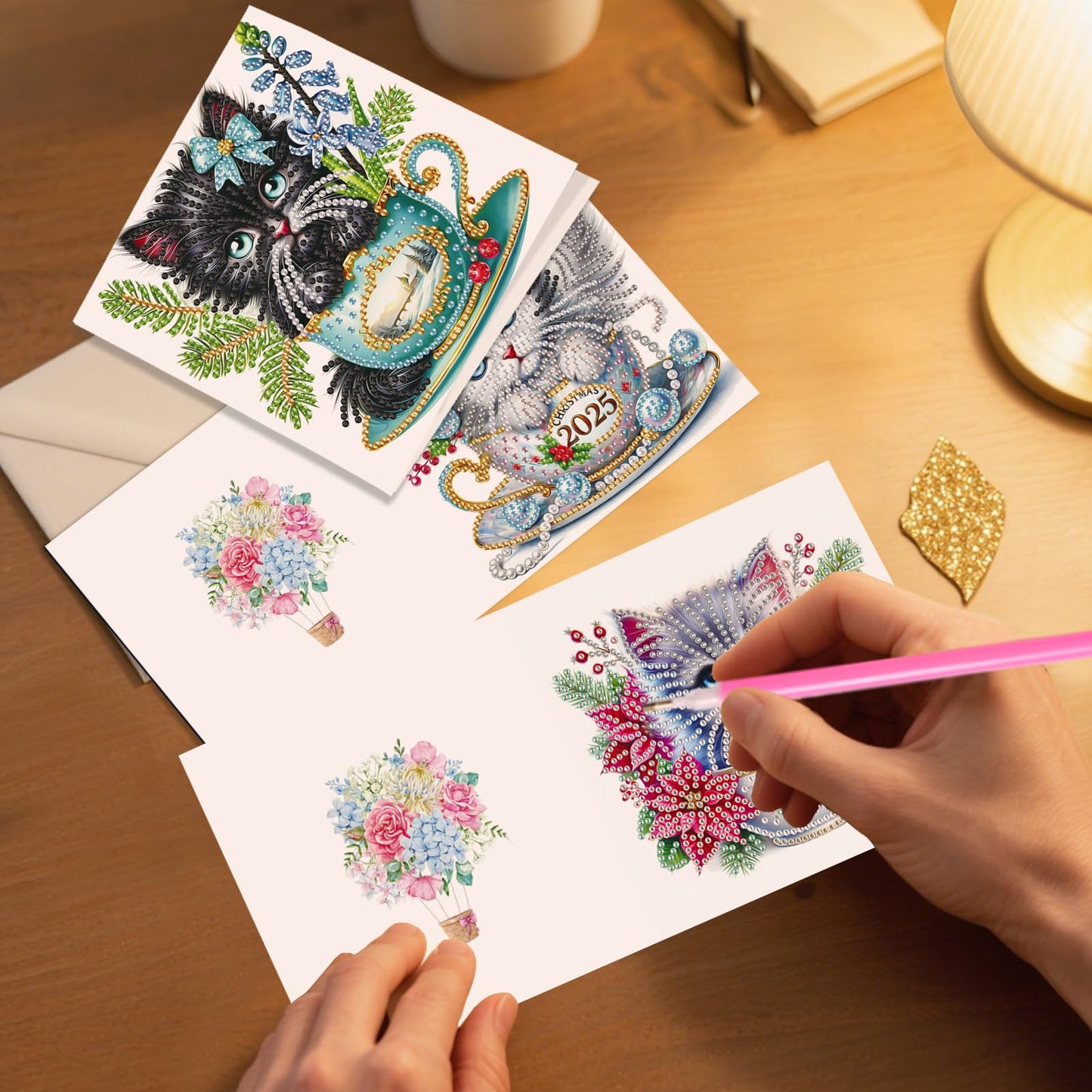 JZHYOAN 6Pcs Cat Diamond Art Card with Envelopes DIY Animal Diamond Painting Cards Birthday Greeting Cards for Holidays Celebrations Crystal Arts Craft Gem Art Gem Painting Mosaic Kit for Adults