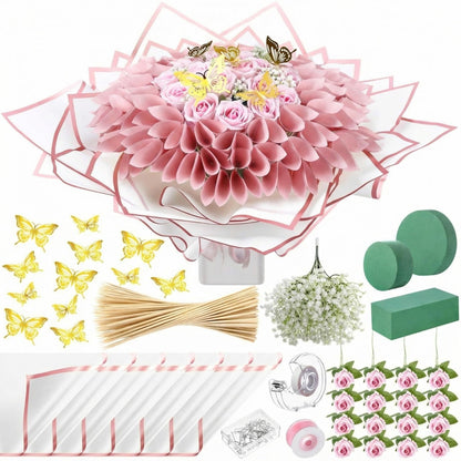 Marspark Graduation Money Bouquet Flower Kit Gift Included 20 Sheet Flower Wrapping Paper 36 Fake Flowers 100 Bamboo Skewer Floral Foam Block for Mother's Day Anniversary Wedding(Pink,Classic)