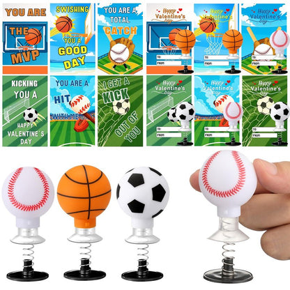 Jenaai 24 Sets Valentine's Sports Themed Card and Assorted Ball Spring Launcher Funny Pop up Bouncy Jumping for Valentines Party Favors Exchange Gift Award Prize Sensory Fidget