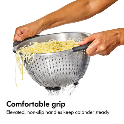 OXO Good Grips Stainless Steel Colander, 5 qt. Capacity, Strainer with Non-Slip Handles, Kitchen Colander for Pasta and Vegetables, Nesting Stainless Steel Strainer and Sieve