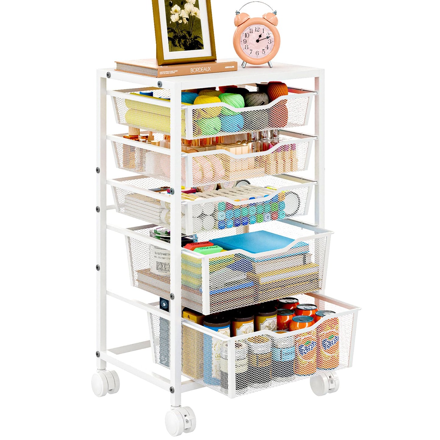Sbanmao Rolling Storage Cart with 5 Drawers, Metal Utility Cart with Lockable Wheels, Craft Storage Art Cart, Rolling Drawer Cart for Living Room, Bedroom, Bathroom, Office, Home, White
