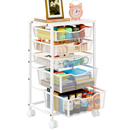 Sbanmao Rolling Storage Cart with 5 Drawers, Metal Utility Cart with Lockable Wheels, Craft Storage Art Cart, Rolling Drawer Cart for Living Room, Bedroom, Bathroom, Office, Home, White