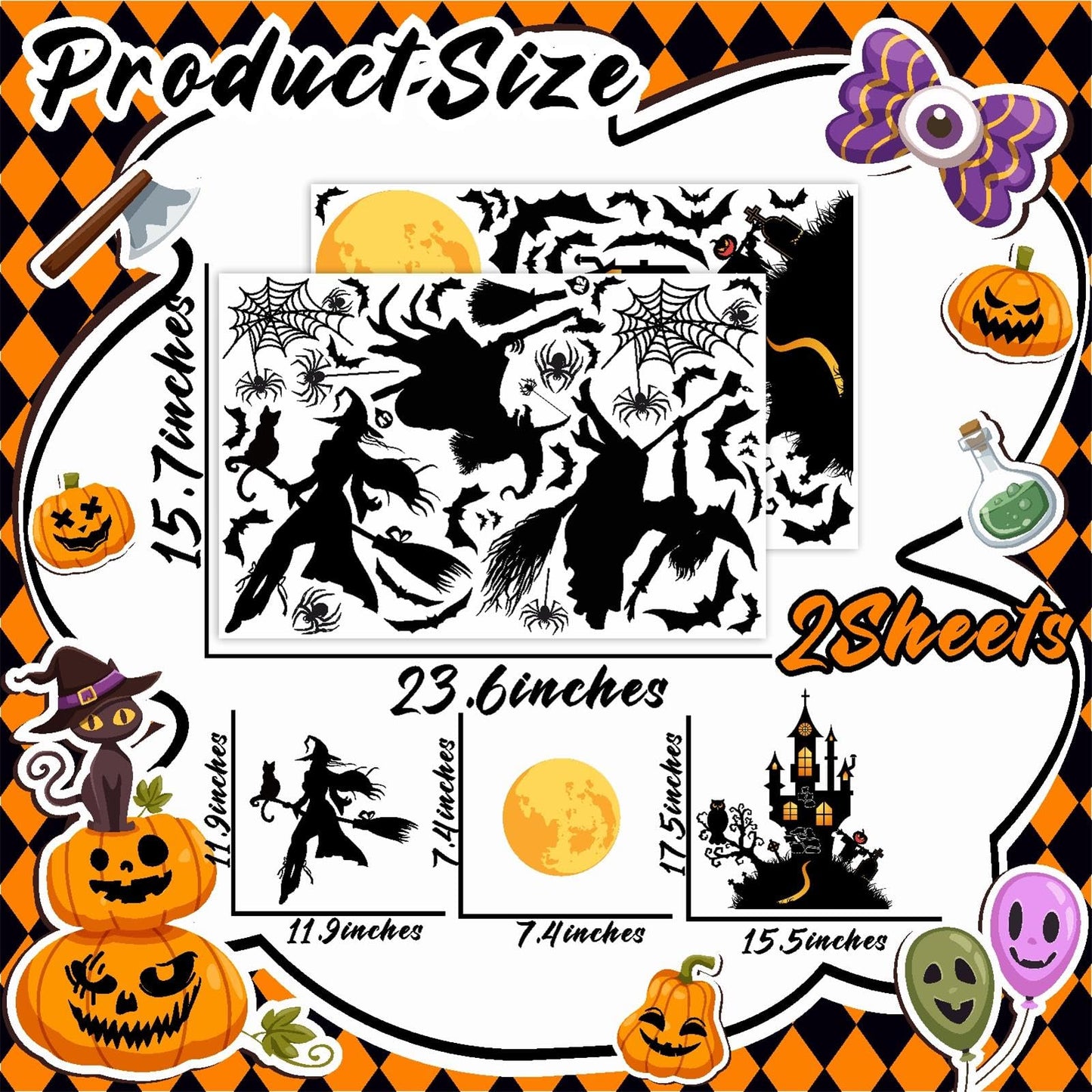 Halloween Decorations Decals Witches Wall Decor Black Bats Castle Stickers Halloween Wall Decal Peel and Stick Halloweens Party Supply Scary Spider Vinyl Sticker Art Murals for Home Window Door Decor