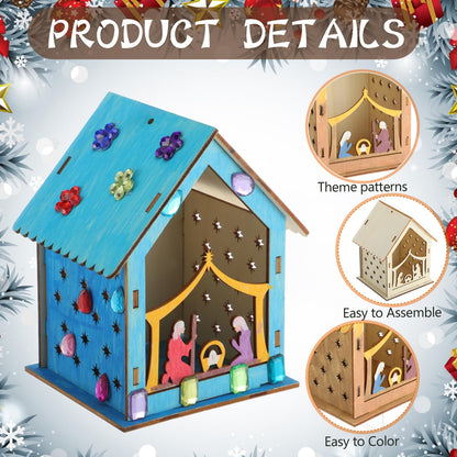 DoubleFill 24 Pcs Christmas Nativity Painting Craft Kits for Kids Make Your Own Religious Jesus House DIY Coloring Wooden Christian Nativity Craft for Classroom Art Sunday School