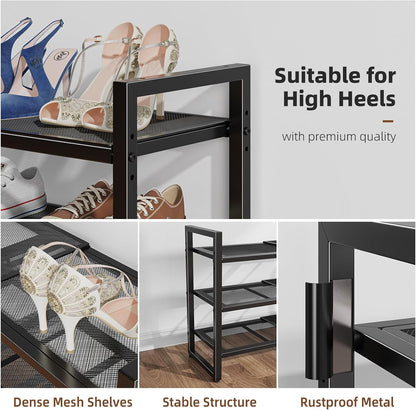 Skiennix 3-Tier Expandable Shoe Rack - Adjustable & Stackable Metal Mesh Organizer | Black
