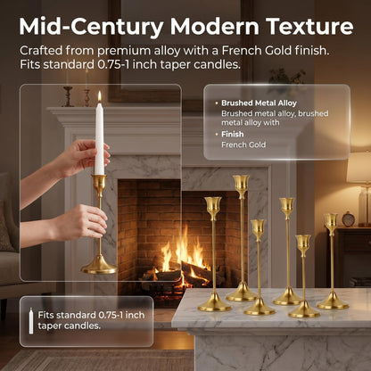 Oakernel French Gold Taper Candle Holders 2 Sets(6 Pcs) - Tall Metal Candlestick Holders for Table Centerpiece, Formal Dinner, Wedding, Fireplace Mantel Decor, Fits 3/4 Inch Thick Candles