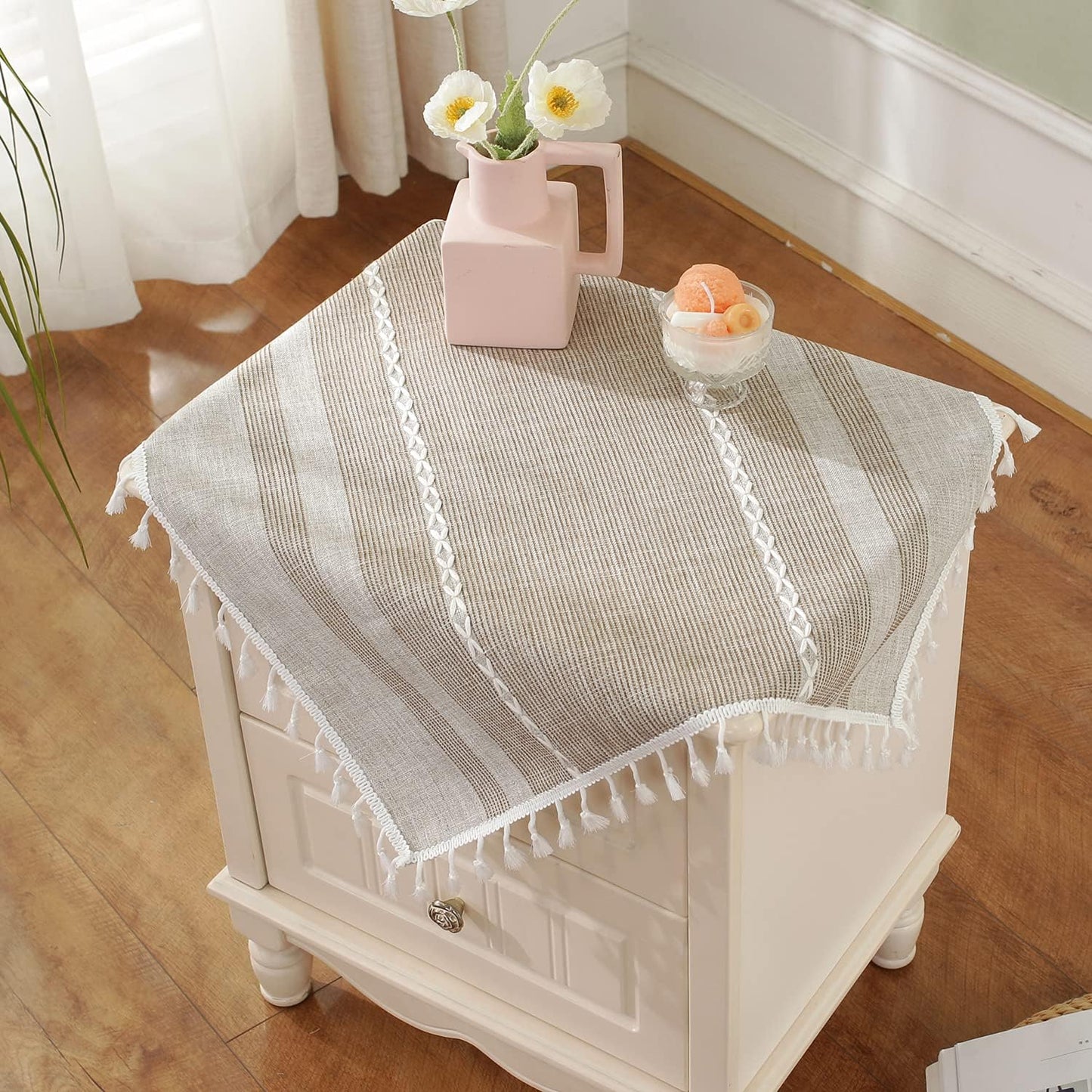 HPX HOME 2pcs 23 23 Inch, Linen Striped Small Tablecloth Square Cotton Tassel Bedside Table Cover Dust-Proof Washable
