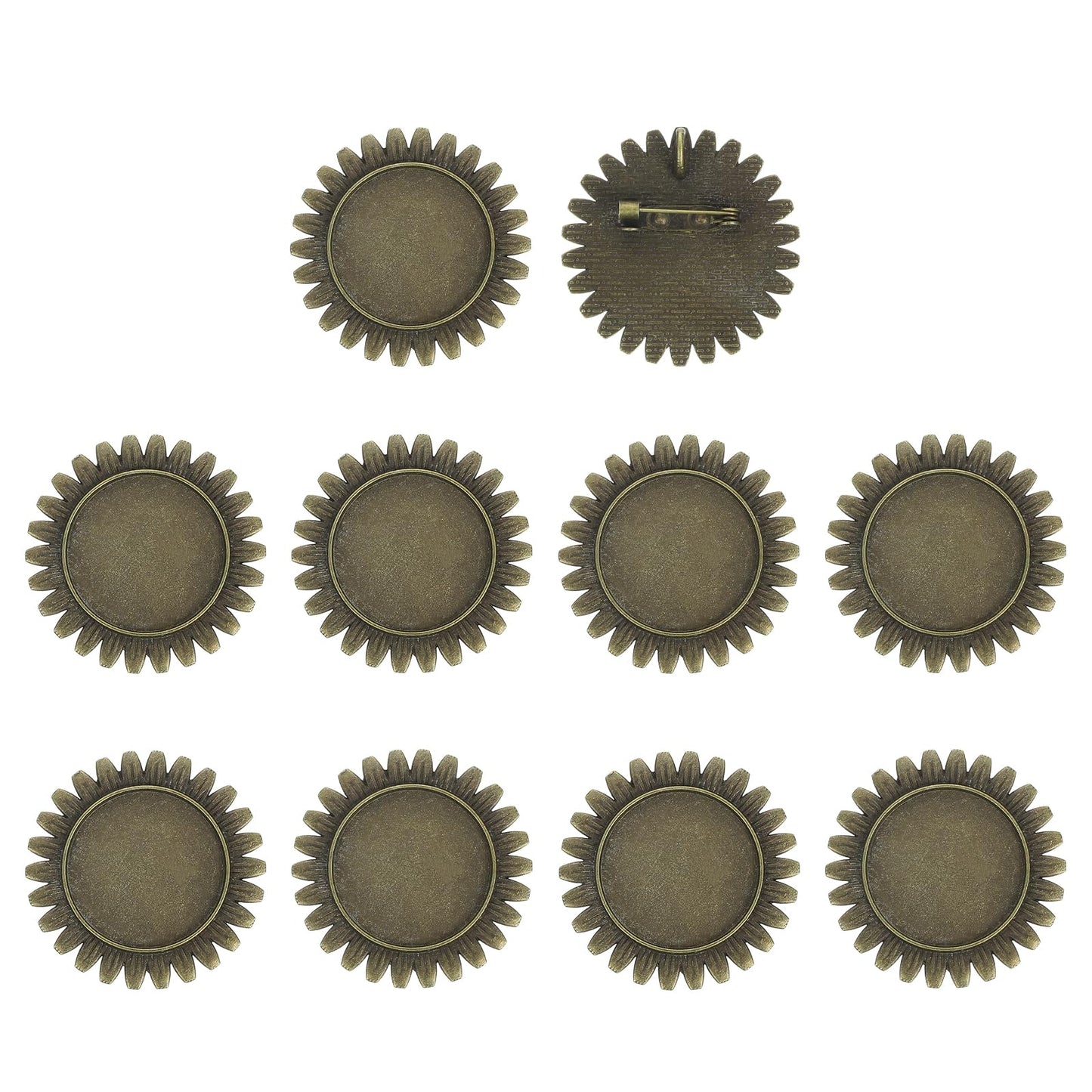 MECCANIXITY 10 Pcs Cabochon Brooch, 25mm Alloy Findings Trays Round Pins, Vintage Setting Brooch Pins for Diy Jewelry Making Pendants Photo Craft, Sunflower Style, Bronze