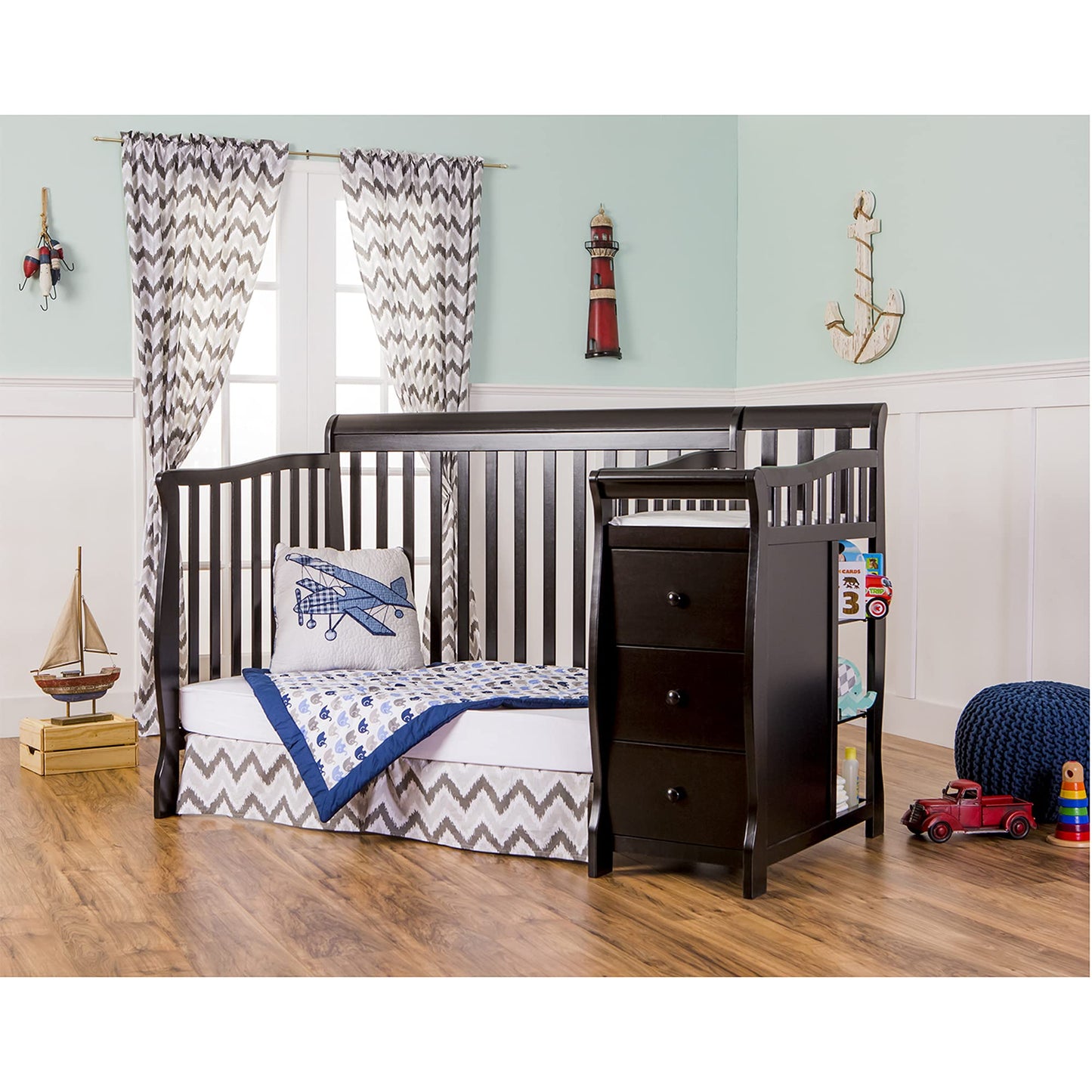 Dream On Me Brody 5-in-1 Convertible Full-Size Baby Crib & 3-Drawer Changer in Black, Pinewood, GreenGuard Gold & BSA, 1” Changer Pad, 3 Mattress Heights, Converts to Toddler & Full Size Bed