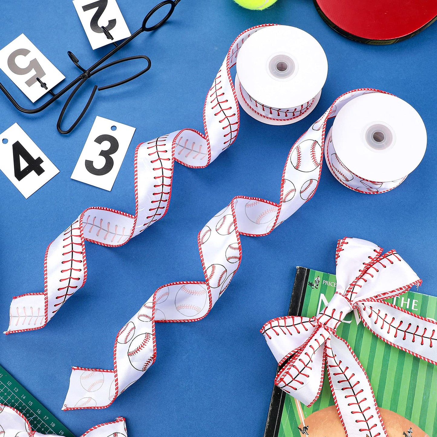 2 Rolls 20 Yards Baseball Ribbons Red White Wired Edge Fabric Ribbons 1.5 Inch Sport Stitching Satin Wired Ribbon for Present Wrapping DIY Crafts Decoration