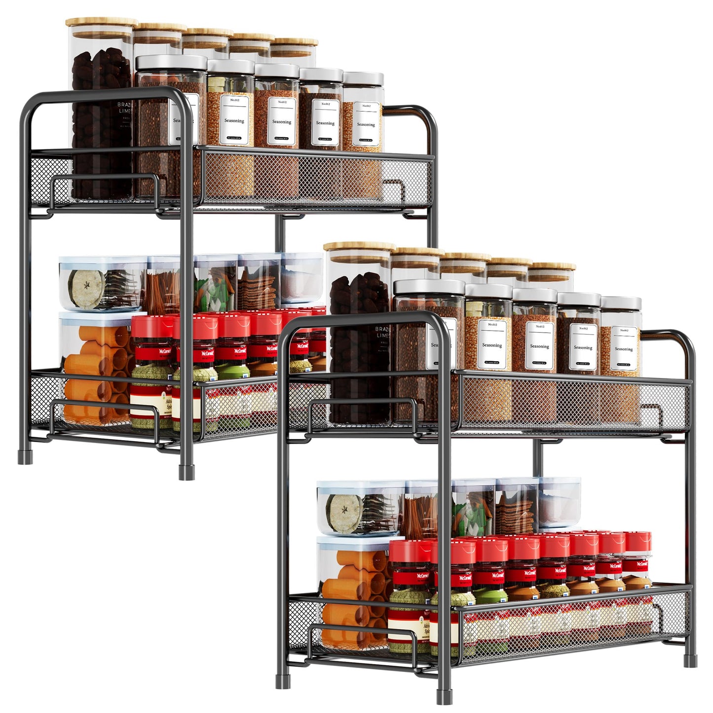 Spice Rack Organizer for Countertop,Xpatee 2-Tier Foldable Metal Rust-Proof Standing Large Seasoning Storage Shelf with Guardrail and Mesh Design for Kitchen Cabinet Bathroom Living Room Pantry, Black