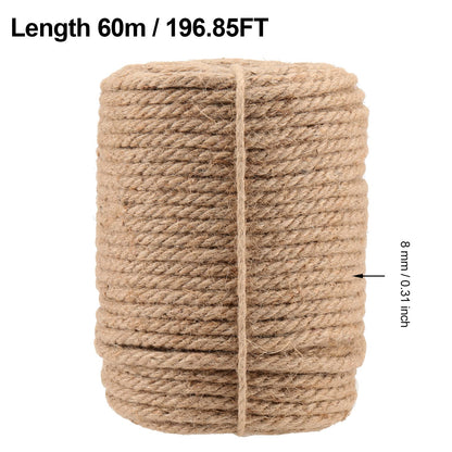 FUNSUEI 196ft 8mm Thick Jute Rope, Natural Hemp, Heavy Duty for Hanging, Gardening, Camping, Bundling, Crafts, Brown