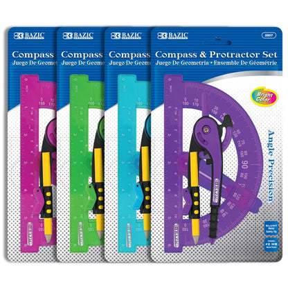 BAZIC PRODUCTS Geometry Set with Pencil Compass – Scale Ruler, HB Wood Pencil, Compass and Protractor Set for Students and Professionals, Ideal Use for Art and Drafting Tools, 24-Packs