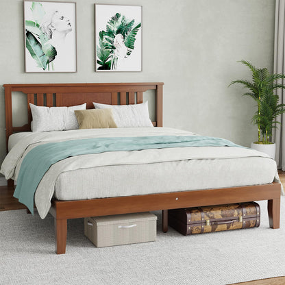 HAPPYMONT Solid Wood Bed Frame, Queen Size Platform Bed Frame with Headboard, Sturdy Wood Slat Support, Heavy Duty Pine Wood Bed Frame for Bedroom, No Box Spring Needed