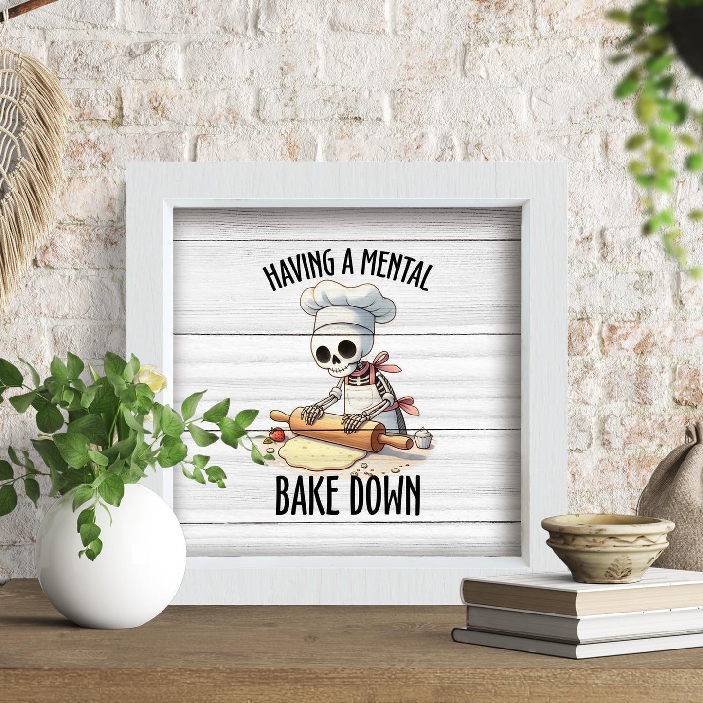 YSFUYZCT Funny Gothic Skeleton Baking Kitchen Signs Decor, Baking Baker Gifts, Bakery Decor, Having a Mental Bake Down Wood Frame Signs for Bakery Shop Kitchen Dining Room