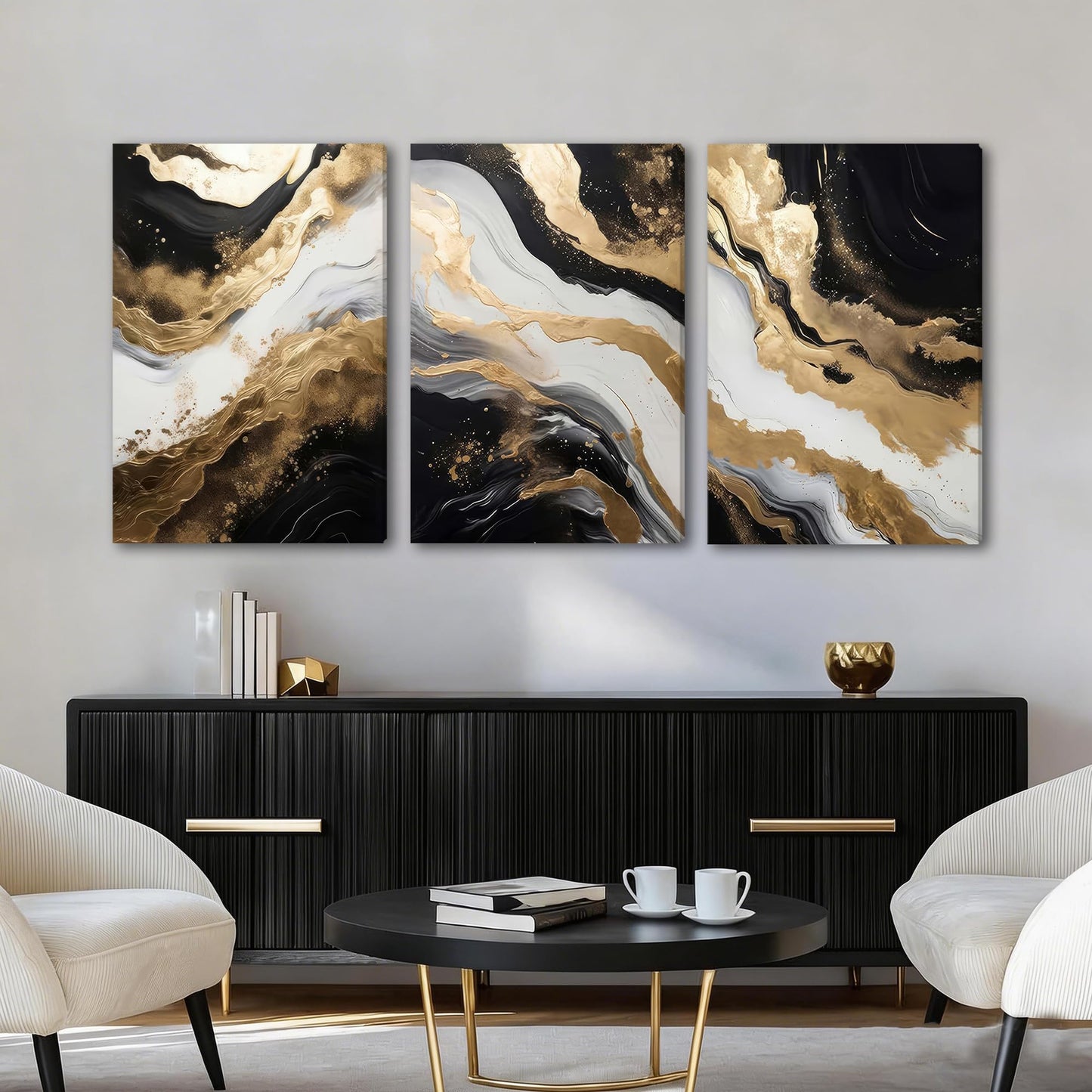 Palette Dreams 3 Piece Framed Black And White Abstract Canvas Wall Art, Black Gold Canvas Black Marble Picture Wall Decor, Modern Gold Foil Art Poster Print for Living Room Bedroom Bathroom 20x30 Inch