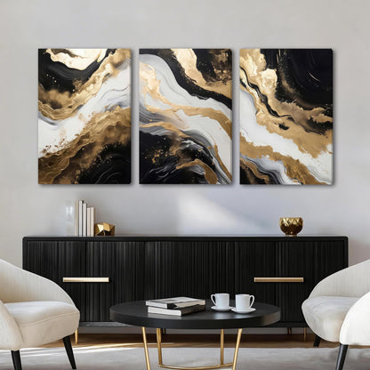 Palette Dreams 3 Piece Framed Black And White Abstract Canvas Wall Art, Black Gold Canvas Black Marble Picture Wall Decor, Modern Gold Foil Art Poster Print for Living Room Bedroom Bathroom 20x30 Inch