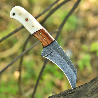 Trade Scorpio Handmade Damascus Lineman Hawkbill knife, Skinnning Knives, With Leather Sheath, Fixed Blade Knife, electrician knife with Bone Handle (Bone)