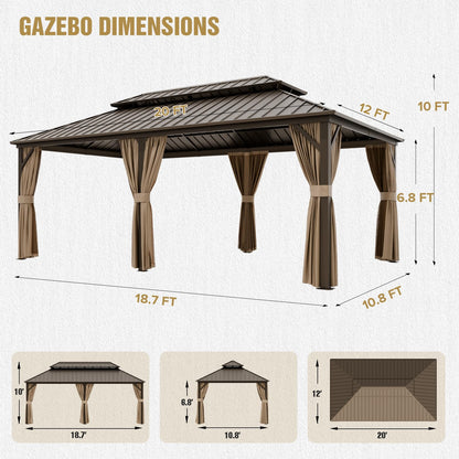 COOS BAY 12x20 Hardtop Gazebo with Aluminum Frame, Galvanized Steel Roof with UV Protection for Patio, Backyard, Garden, Outdoor Events, Dark Brown/Tan