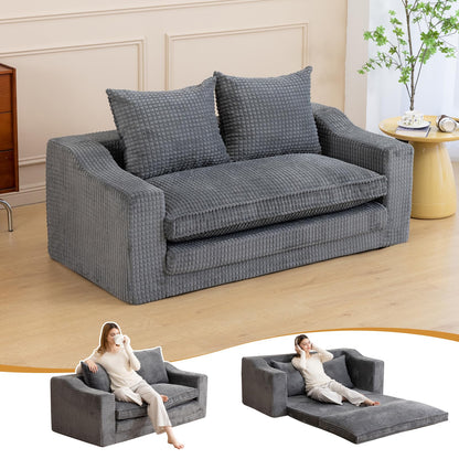 61" Convertible Sofa Bed Loveseat, Memory Foam Boneless Floor Couch with Removable Corduroy Cover, Tri-folding Compact Full-size Sleeper for Small Living Room, Playroom, Guest Room, RV (Dark Gray)