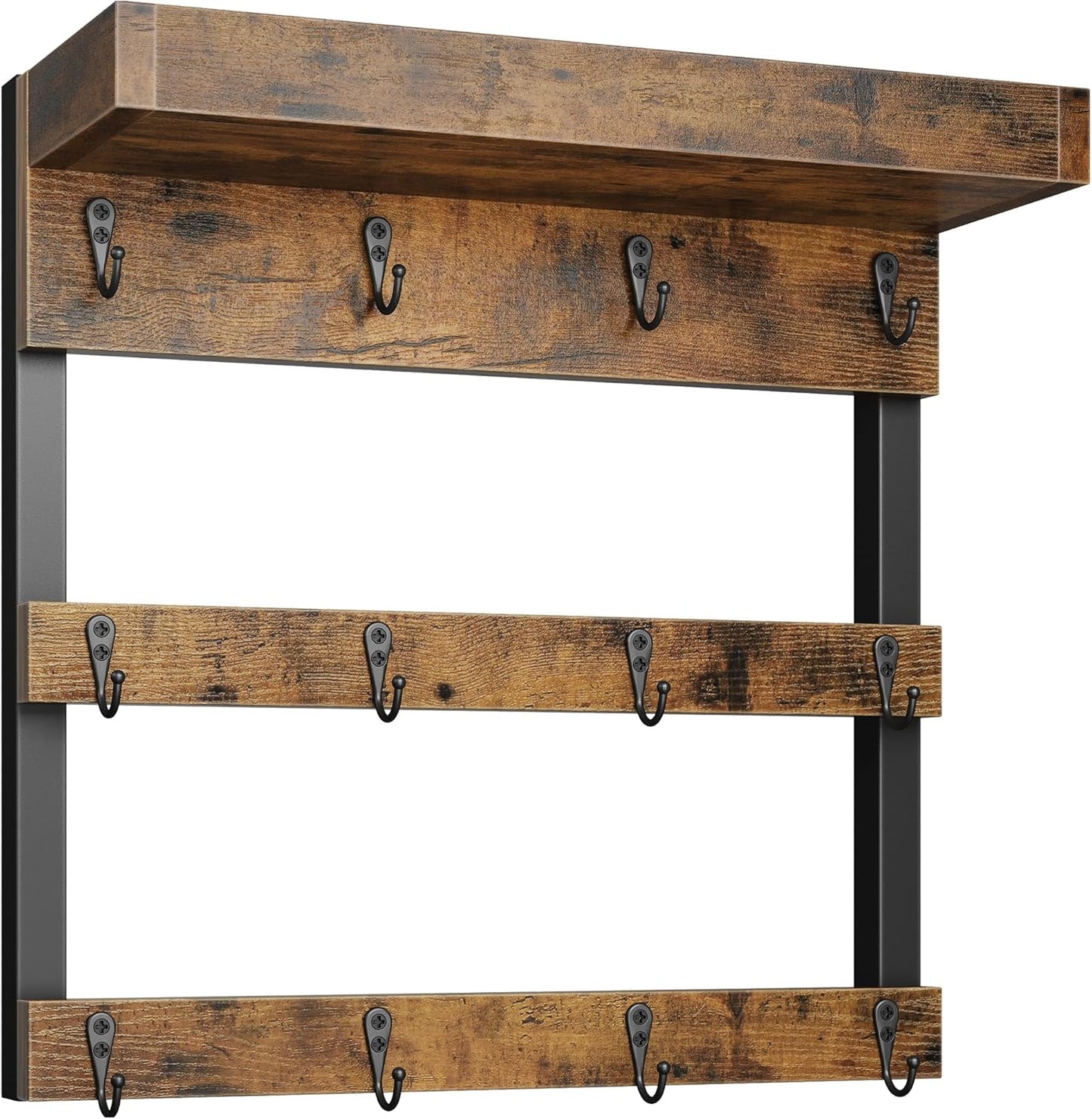 12 OROPY Coffee Mug Rack Wall Mounted, Rustic Wood Cups Rack with Hooks and Storage Shelf, for Home Kitchen Display