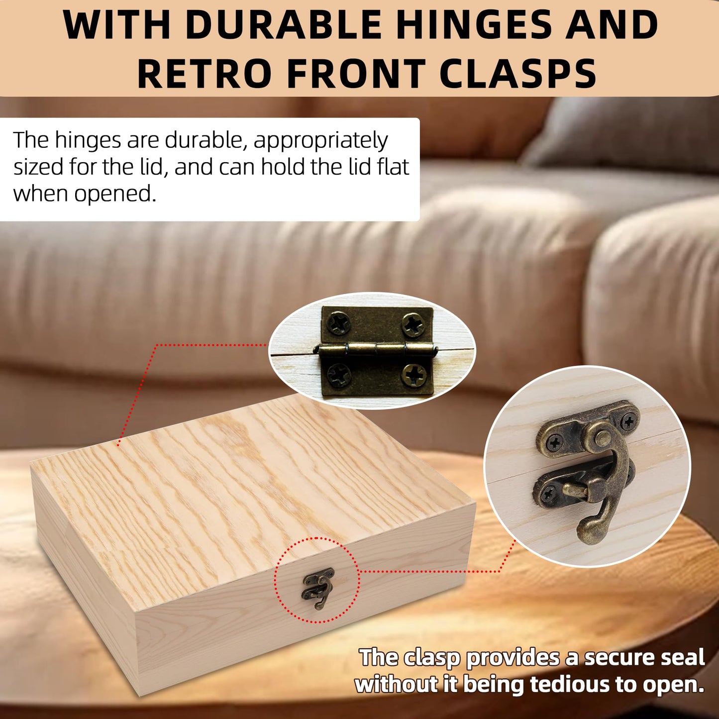VIKOS Products Unfinished Wooden Box with Hinged Lid for Crafts DIY Storage Jewelry Pine Box - 12" x 9" x 3.35"