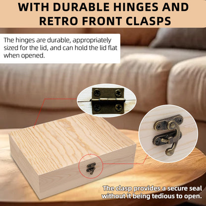 VIKOS Products Unfinished Wooden Box with Hinged Lid for Crafts DIY Storage Jewelry Pine Box - 12" x 9" x 3.35"