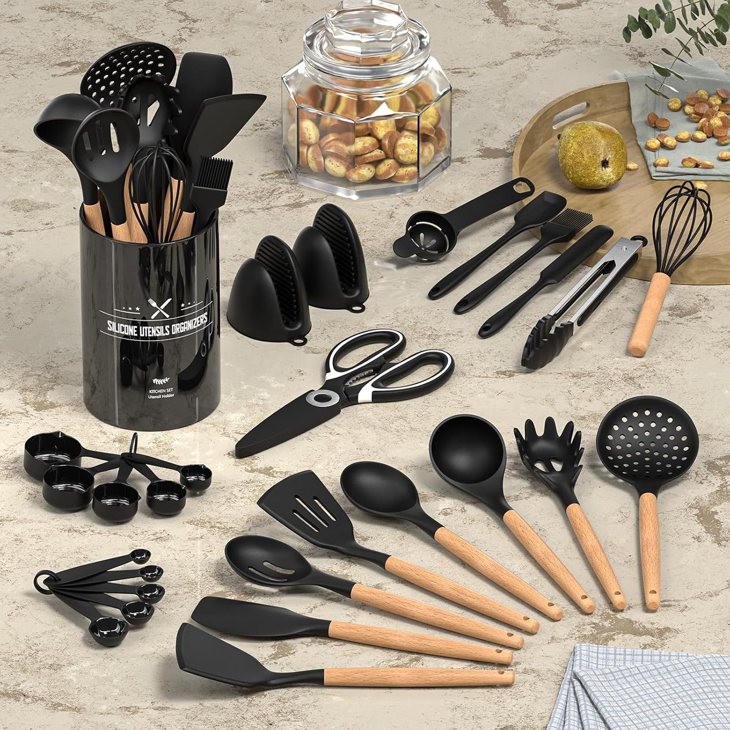 Silicone Kitchen Utensils Set, 28PCS Large Cooking Utensils with Holder, Wooden Handles, Spatula, Spoon, Whisk, Black
