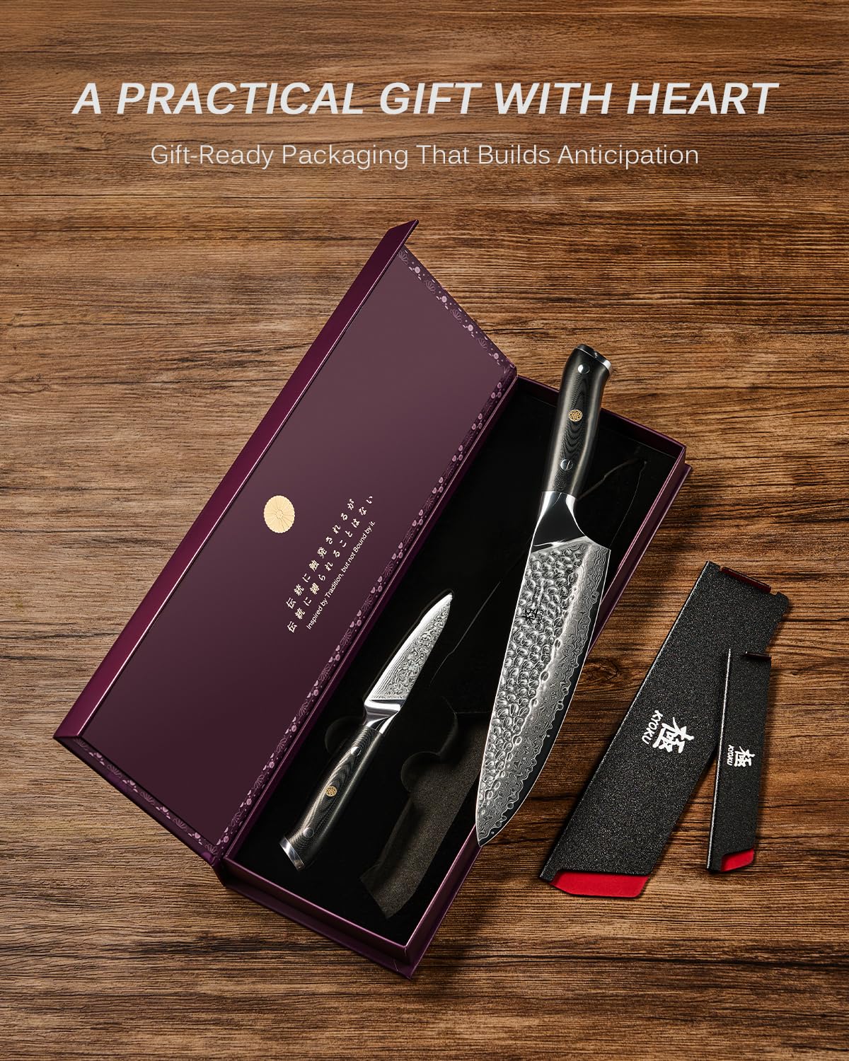 KYOKU Knife Set, Shogun Series 2pc Japanese Style Kitchen Knife Set, 8" Chef 3.6" Paring Knife with Sheath Gift Box, Professional Sharp Damascus Stainless Steel Knives for Meat Vegetable Fruit