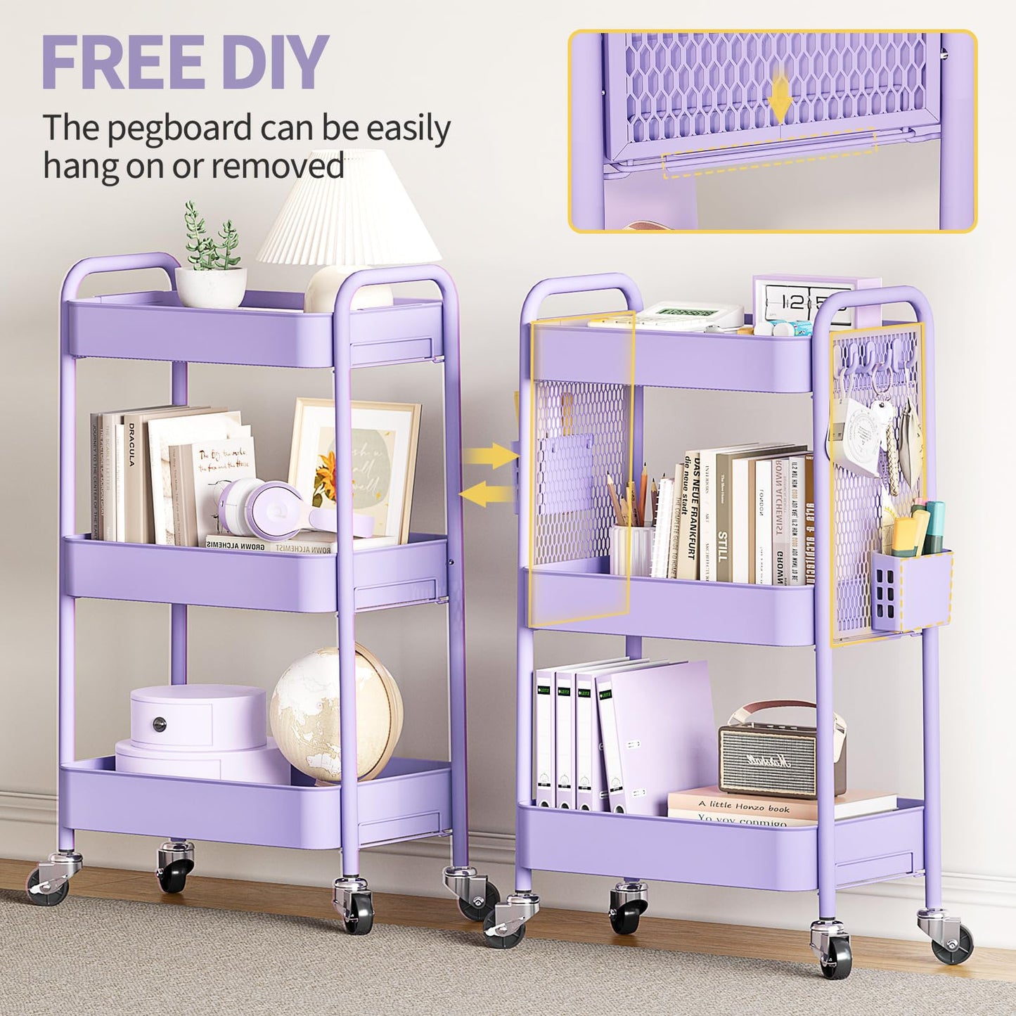 TOOLF 3 Tier Rolling Cart Storage Organizer, Metal Rolling Utility Cart with Wheels, Hooks & Bins Esthetician Craft Art Sturdy Storage with Pegboard for Bathroom, Kitchen, Office, Nursery Diaper