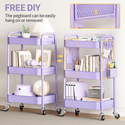 TOOLF 3 Tier Rolling Cart Storage Organizer, Metal Rolling Utility Cart with Wheels, Hooks & Bins Esthetician Craft Art Sturdy Storage with Pegboard for Bathroom, Kitchen, Office, Nursery Diaper