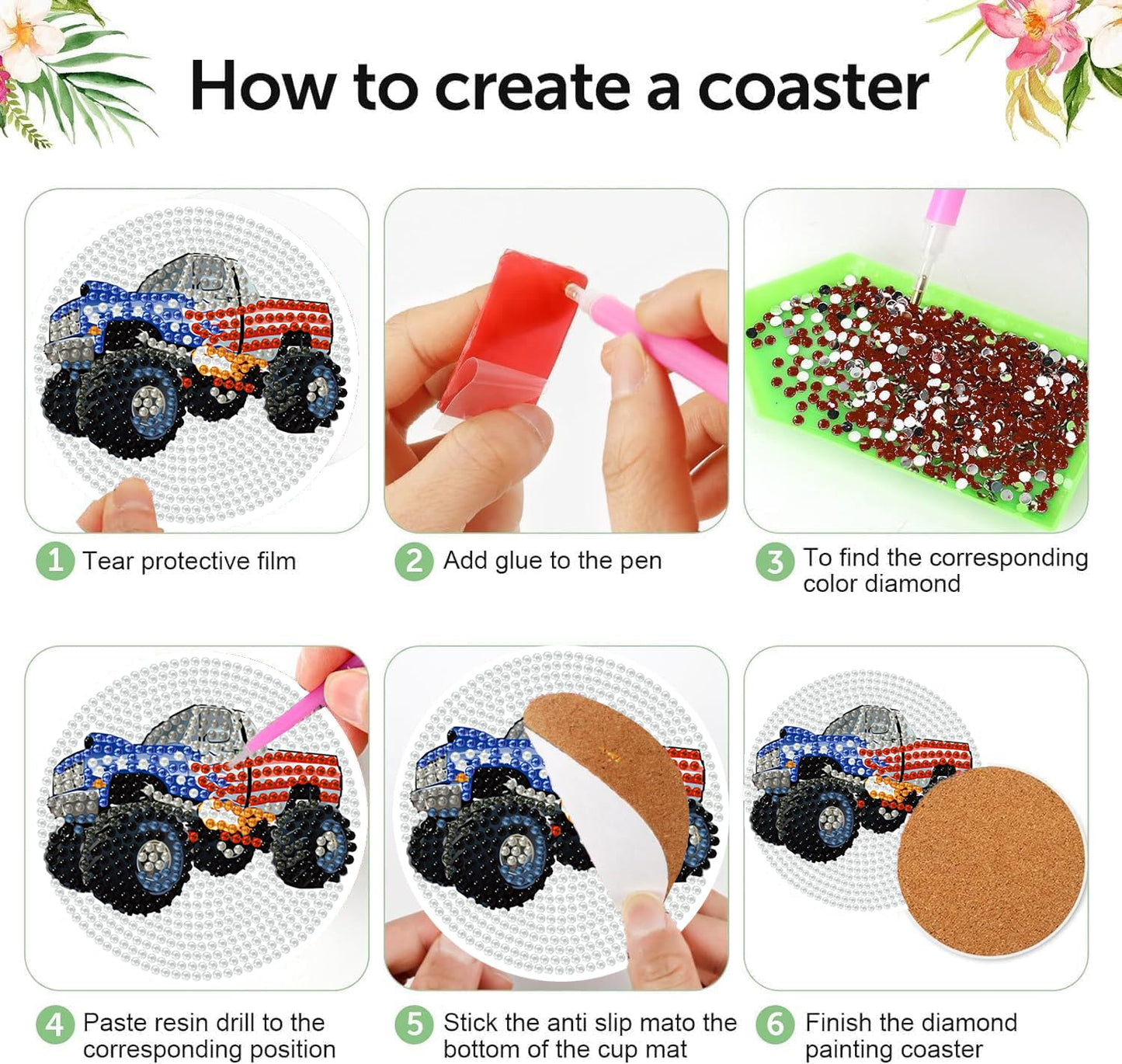 Trucks Diamond Art Painting Coaster Kit, 12 Pcs DIY Crafts Kit with Holder, Non Slip Coaster Art Supplies Full Drill Crafts for Gem Art Dot Art for Adults, Home Wall Decor for Teens Boys Girls
