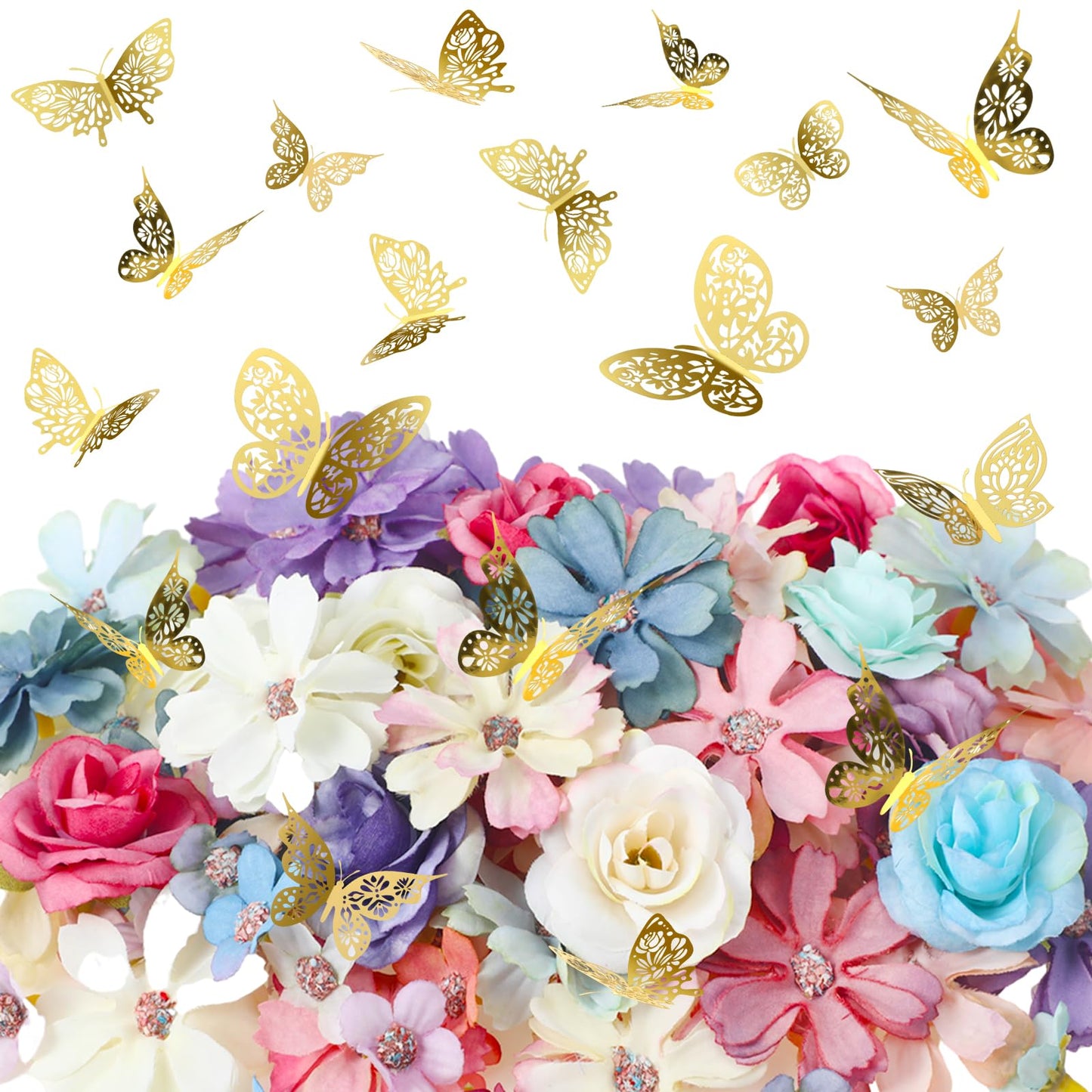 Wavyknot 342 Pcs Faux Flower Heads and 3D Butterfly for Craft Bulk DIY Graduation Cap Decorations Accessory Kit Small Silk Fake Floral Head Gold Butterfly for Wedding Bouquet Graduation Cap Decor