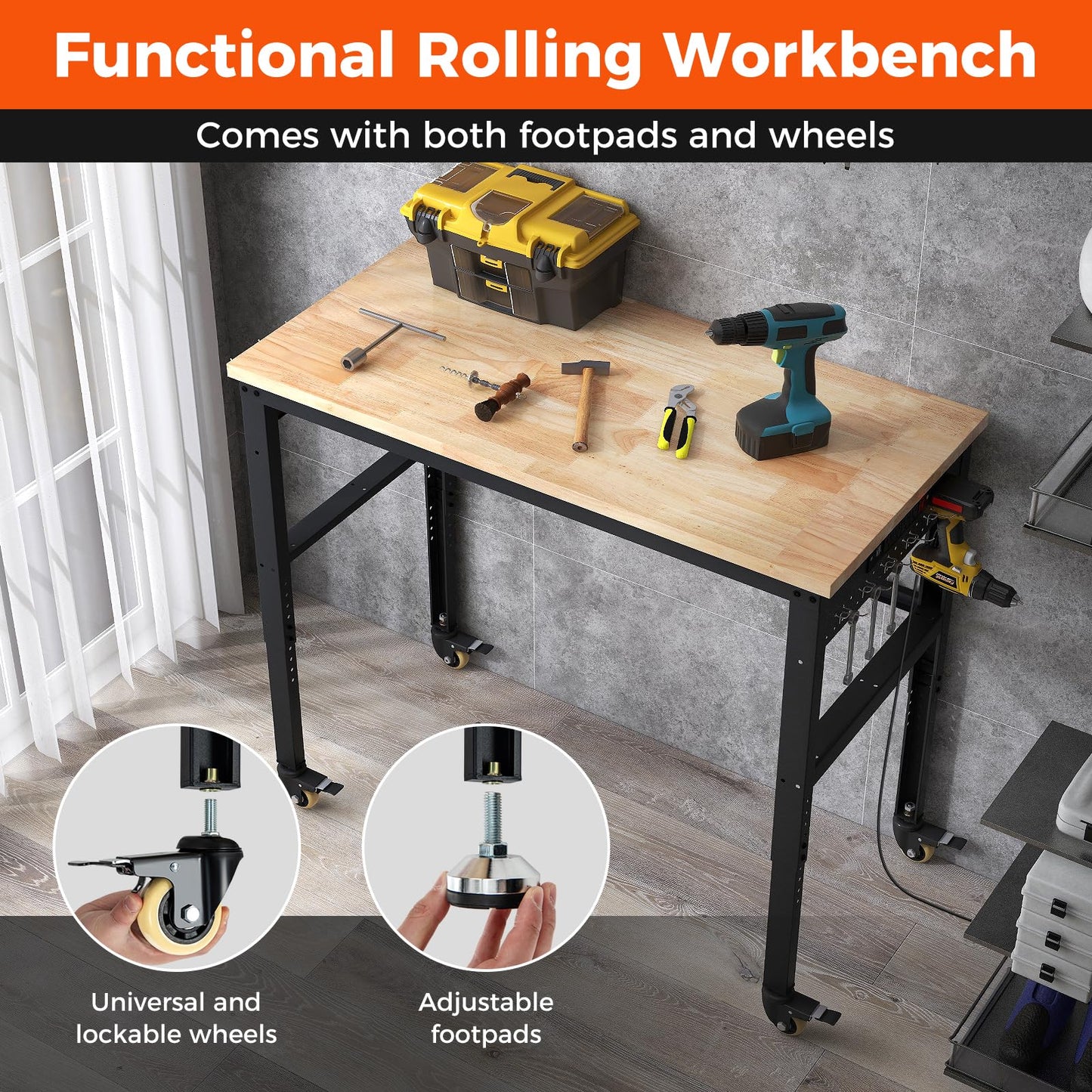 IRONMAX 48'' Adjustable Work Bench with Wheels, 1760 LBS Heavy Duty Oak Wood Table Top Workstation w/Power Strip & Foot Pad, 5 Different Height Hardwood Worktable for Workshop, Garage, Office, Home