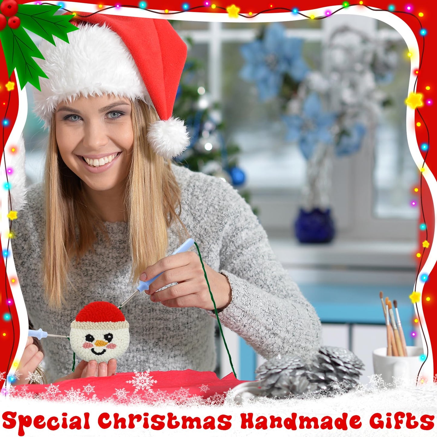 WinnerWhy 6 Pcs Christmas Punch Needle Kit Adults Beginner Keychain Accessories Christmas Punch Needle Embroidery Kit Includes Patterns, Tools, Yarns, Hoop, Instruction, Easy Art Work Decor for Adult