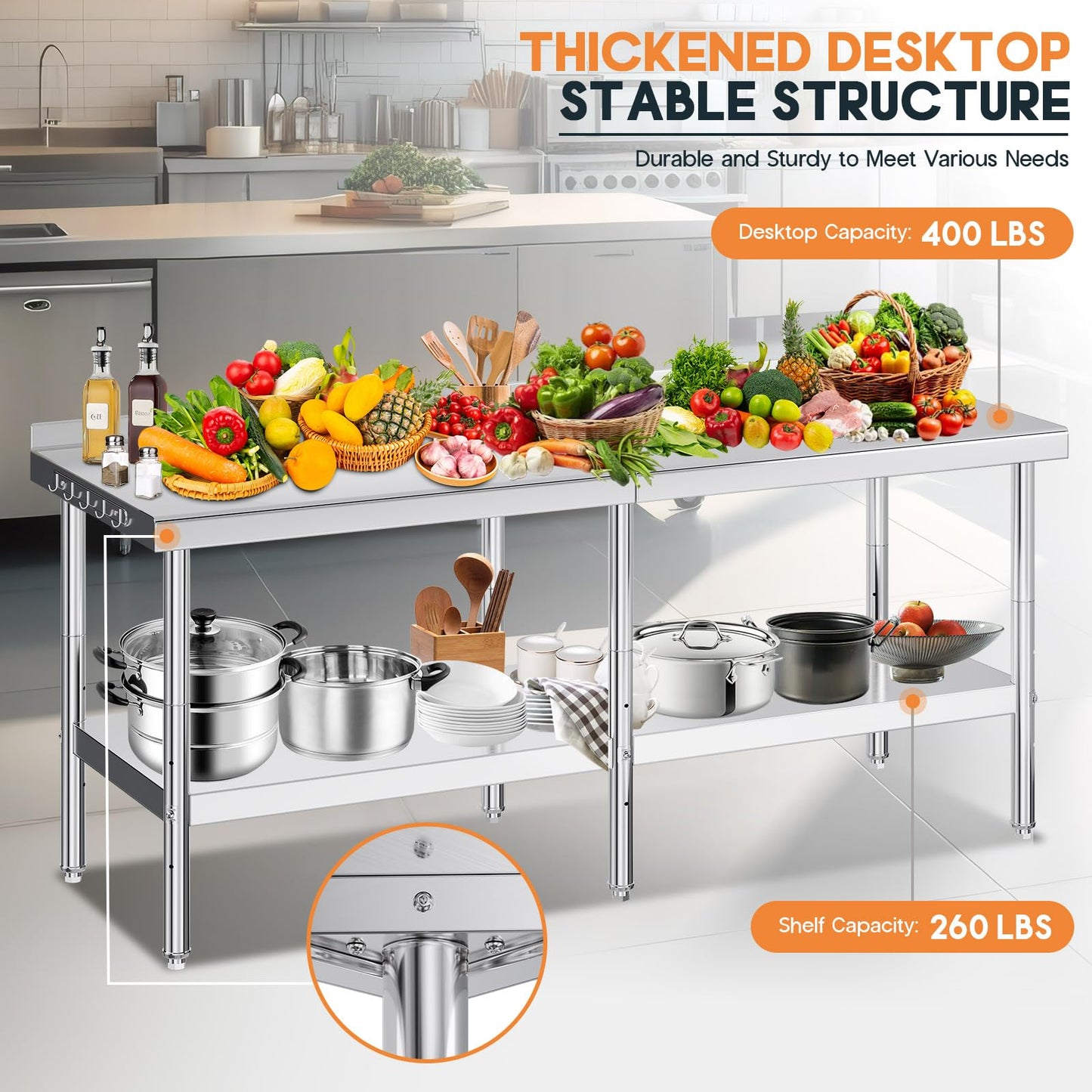 Jocisland 30" x 82" Stainless Steel Table for Prep & Work, Food-Grade Stainless Steel with Backsplash, Adjustable Under Shelf & Safe Design for Restaurant, Home and Outdoor