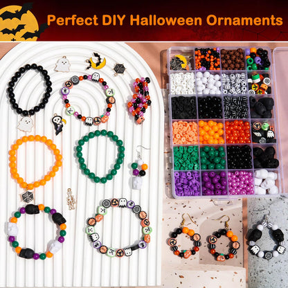 2100+PCS Halloween Beads Kit for Jewelry Making, Spooky DIY Crafts with Clay Charms Acrylic Rounds Pearls Pumpkin Skull Beads Ghost Witch Hat Bat Charms DIY Halloween Bracelets Necklace Earrings Craft