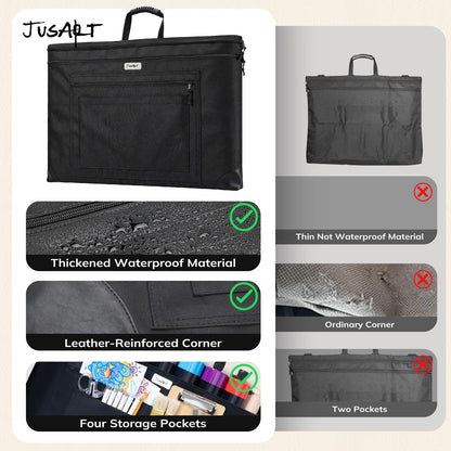 JusArt Art Portfolio Bag, 24x36 Foldable Light Weight Portfolio Folder Case with Adjustable Shoulder Strap, Leather Corners, Waterproof Art Bag for Artists and Adults for Artwork, Poster, Sketching