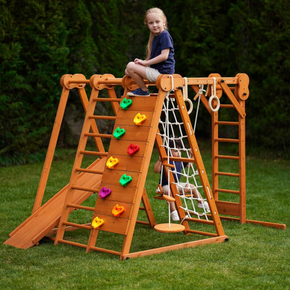 Avenlur 8-in-1 Small Indoor/Outdoor Playset – Foldable Wooden Kids Play Set for Backyard – Kid Playground for Toddlers Age 2–6 with Slide, Monkey Bars, 2 Ladders, 2 Swings, Rock Climbing, Gym Rings