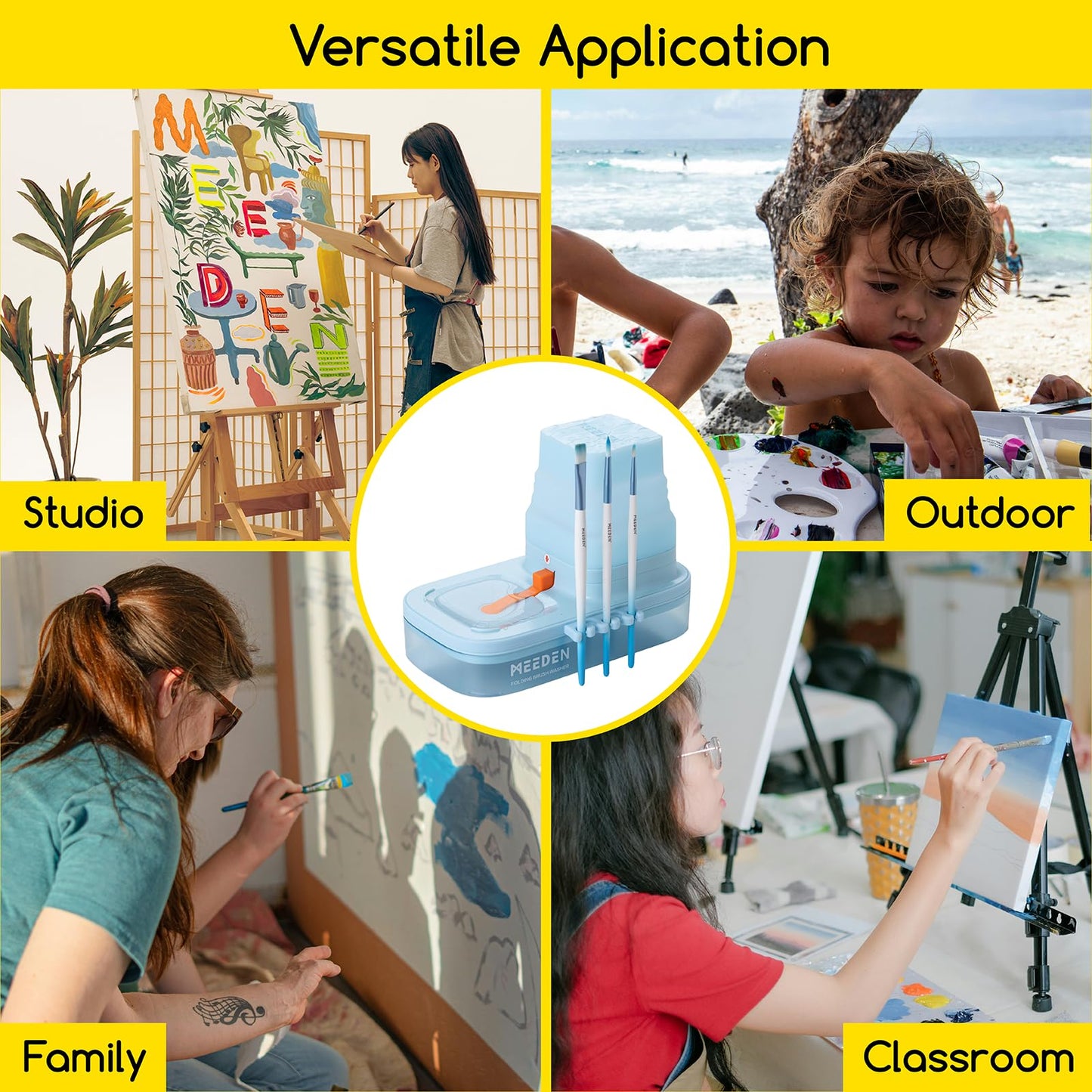 MEEDEN Portable Paint Brush Cleaner: Paint Brush Rinser with Drain for Acrylic, Watercolor & Water-Based Paints - 5-Slot Silicone Brush Washer & Holder, Blue