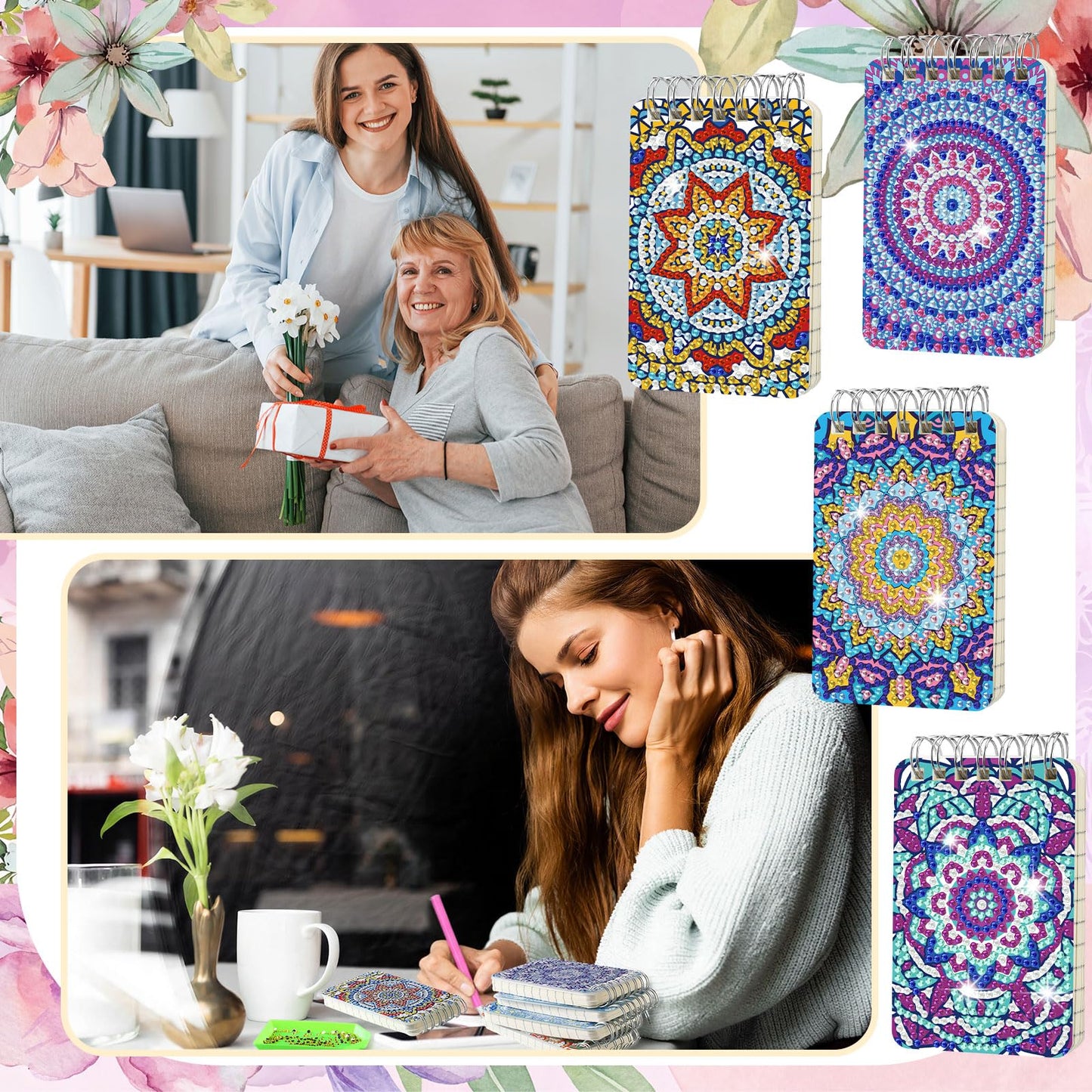 Frienda 12 Pcs Mandala Diamond Painting Notebook Kits for Adults DIY Mandala Diamond Art Journal Notebooks 5d Flower Gem Dots Cover Notepad Gift Set Journal Art Crafts Accessories with Tools