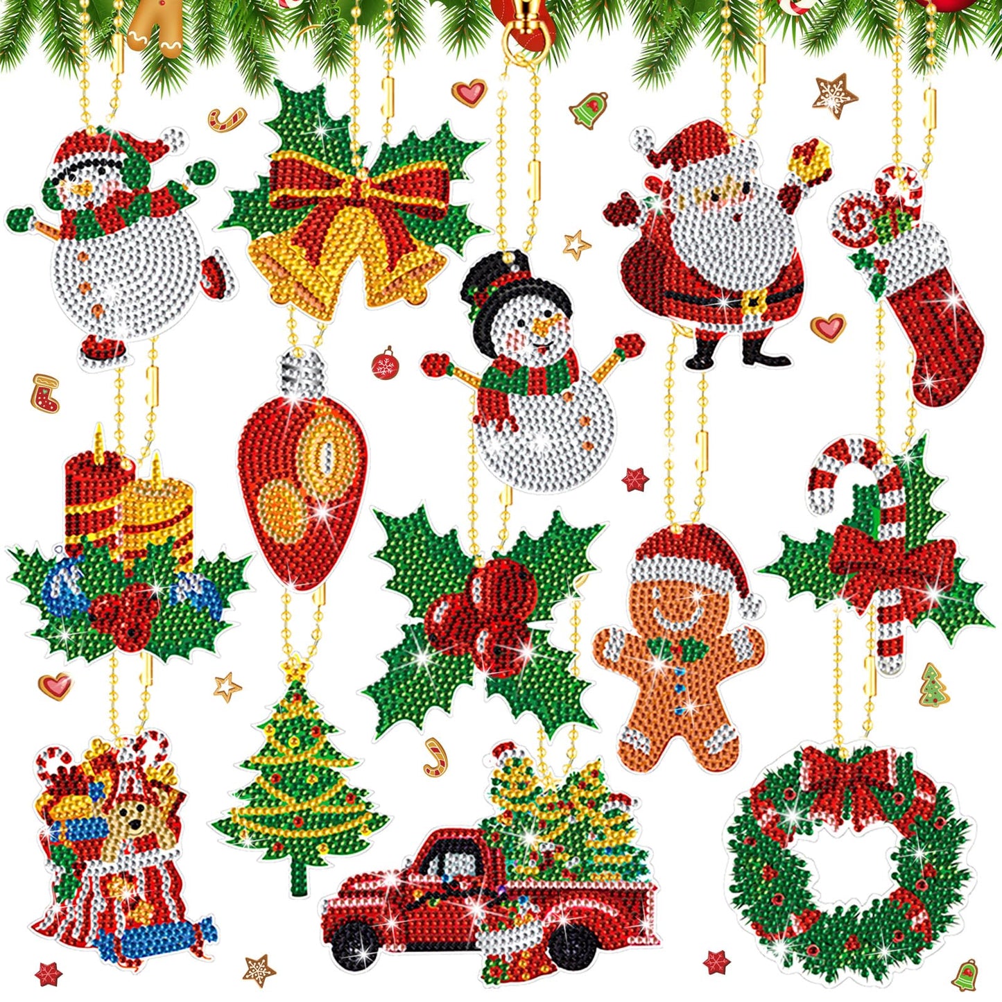 Equsion 14 Pcs Christmas Diamond Art Ornaments Christmas Diamond Painting Keychains Kits Double Sided Hanging Art Key Ring Painting Ornaments 5d DIY Craft Gifts Family Home Decor Rhinestone Pendant