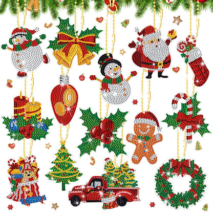 Equsion 14 Pcs Christmas Diamond Art Ornaments Christmas Diamond Painting Keychains Kits Double Sided Hanging Art Key Ring Painting Ornaments 5d DIY Craft Gifts Family Home Decor Rhinestone Pendant