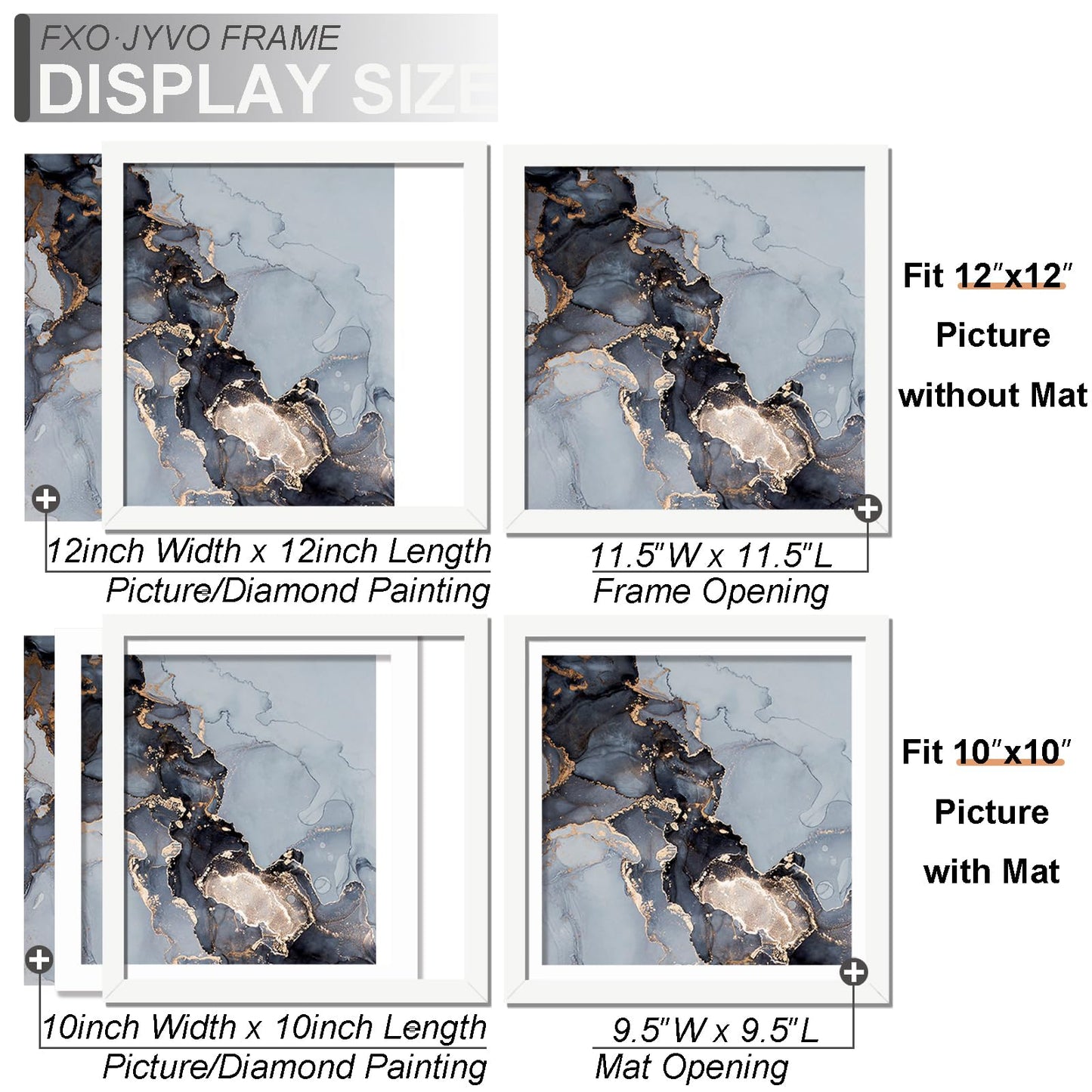 Fxojyvo White 12 x 12 Frame Set of 2, Display Picture 10x10 with Mat or 12x12 Without Mat, Wall Hanging Large Picture Frame for Diamond Art Painting 30x30 cm - 2 Packs