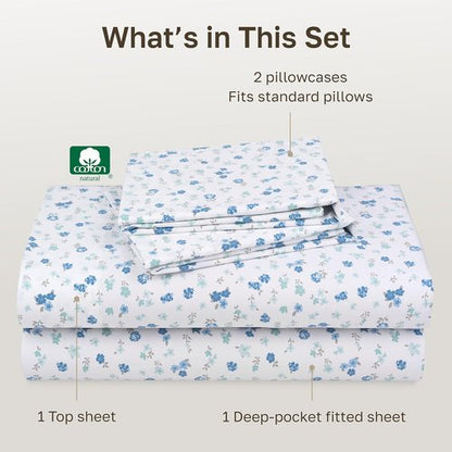 California Design Den Full Size Cotton Sheet Set - 100% Soft Sateen, 400 TC, Deep Pockets, Floral White/Blue