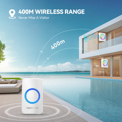 TECKNET Wireless Doorbell, Door Bell 0-120dB, 1300 ft Wireless Range, IP65 Waterproof Classroom Doorbells, 60 Chimes & 5 Volume Levels, RGB Light for Home Kid Room Office Hearing Impaired